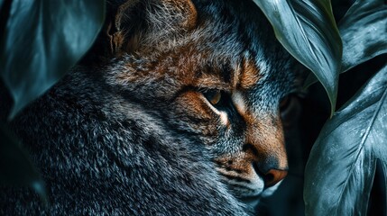 Intense gaze of a predatory wild cat concealed by dark, lush jungle foliage, a hidden hunter in the shadows