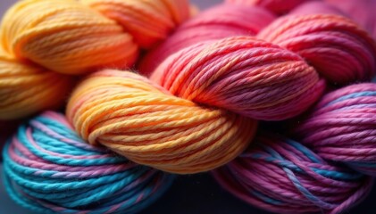Close-up of vibrant, multicolored yarn strands , multi-colored, yarn ball