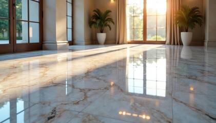 Gleaming marble floor, polished to a high shine, reflecting light , minimalist, cold, surface