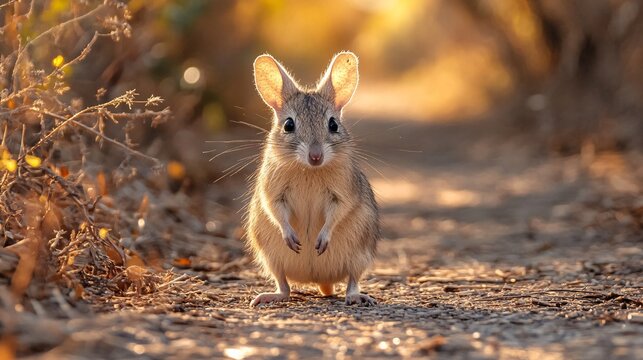 Adorable wild Bilby with large ears standing on a dusty path in the warm evening sunlight of the Australian outback - Powered by Adobe