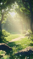 Fototapeta premium A serene forest path illuminated by sunlight, inviting exploration and tranquility.