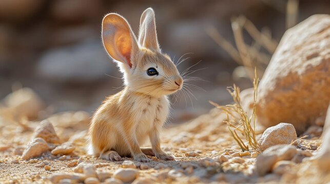 Adorable long-eared jerboa, a tiny desert rodent with big ears, resting on sun-drenched rocky terrain
