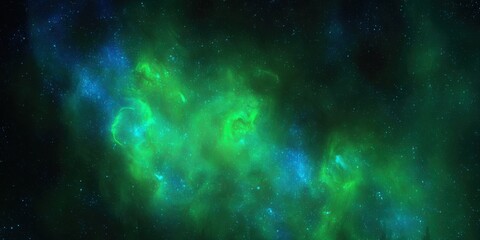 Naklejka premium rare green-toned galaxy with emerald and blue galaxy lime-colored nebulae, glowing alien flora shapes in space, vibrant and mysterious, with deep forest backlight