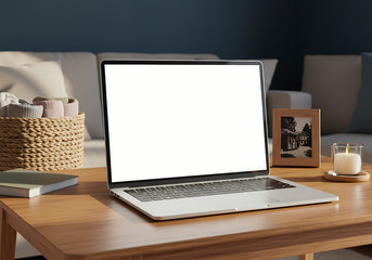 Fototapeta premium Laptop Mockup Cozy Home Office Workspace isolated on transparent background
