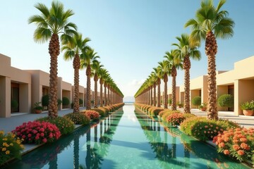 Fototapeta premium Date palms thrive in Dead Sea oasis, sun-drenched rows , nature, soil, crop
