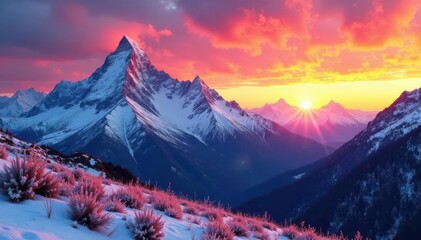 Obraz premium Crimson and gold sunrise illuminates snow-capped Tatra range , landscape, sunrise