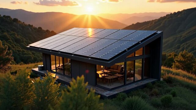 modern eco-friendly house with solar panels on roof at sunset in mountainous region, promoting sustainable living, zoom out