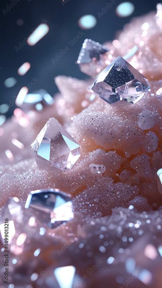 Poster photo of close up of sparkling clear crystals on a textured violet surface with bokeh lights creatin