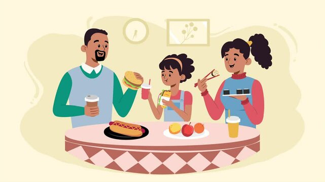 Happy family eating together loop animation in 2d flat cartoon style. Fun animated scene perfect for food, parenting, and lifestyle themes. Ideal for explainer videos, ads, or educational content.