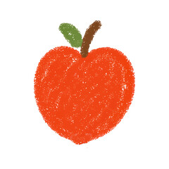 Apple Fruit Drawing in Crayon Style. Hand-drawn Red Apple illustration with Leaf and Stem. Cute Childlike Sketch for Kids, School, Organic Food, Healthy Snack, Doodle, Cartoon, Simple, Nature Art