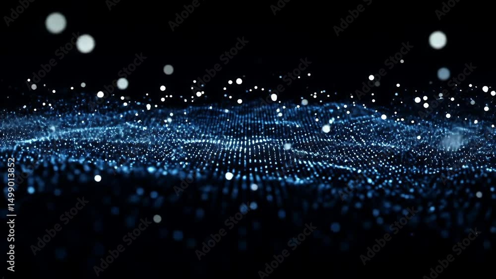 Poster abstract blue particle wave on black background dynamic digital network glowing particles wave data 