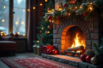 Cozy winter holiday scene with fireplace, ornaments, and evergreen branches , wood, fireplace, holiday season