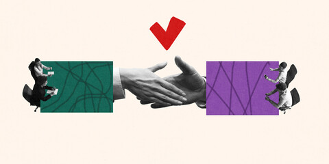 Conceptual collage. Teams on both sides of table making giant handshake as symbol of partnership. Concept of business, teamwork, approval, cooperation, strategy, mutual understanding Photocopy effect.