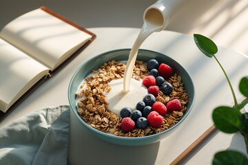 Fresh Breakfast Bowl with Oats, Berries, and Milk Pouring