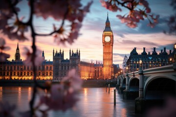 Fototapeta premium Spring cherry blossoms framing big ben at dusk london landscape photography serene environment artistic viewpoint nature’s beauty