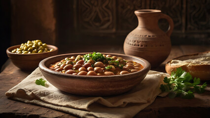 Bean Stew with Bread and Greens