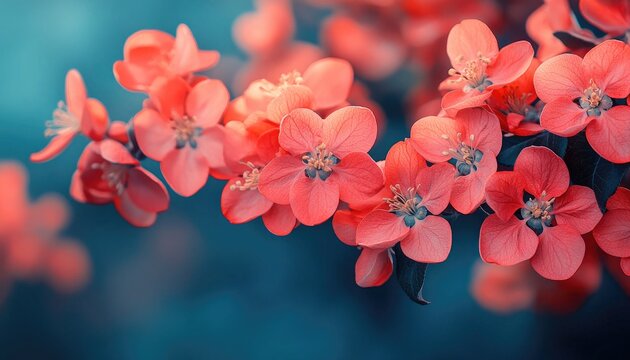 Vibrant red blossoms bloom, with a soft teal backdrop. Use it for spring, love, or feminine themed projects.