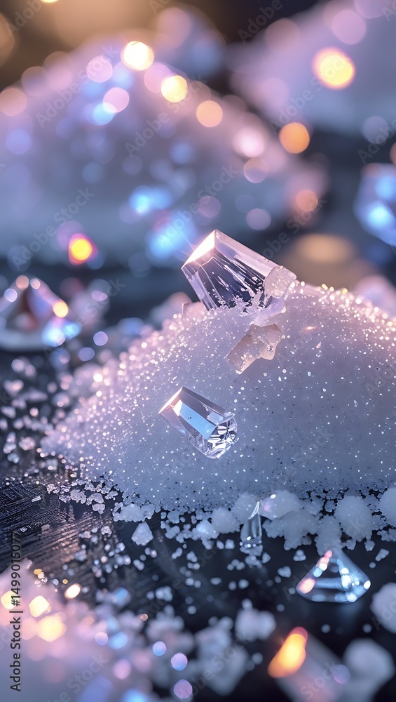 Poster photo of close up of sparkling clear crystals scattered on a dark surface with a soft blurred backgr
