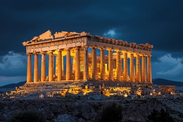 Naklejka premium Twilight glow over the parthenon in athens ancient architecture scenic nighttime cultural landmark stunning viewpoint