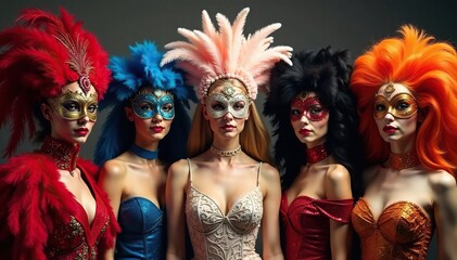 Group of diverse elegant costumes, feathers, sparkles, masks, celebration , festive, party