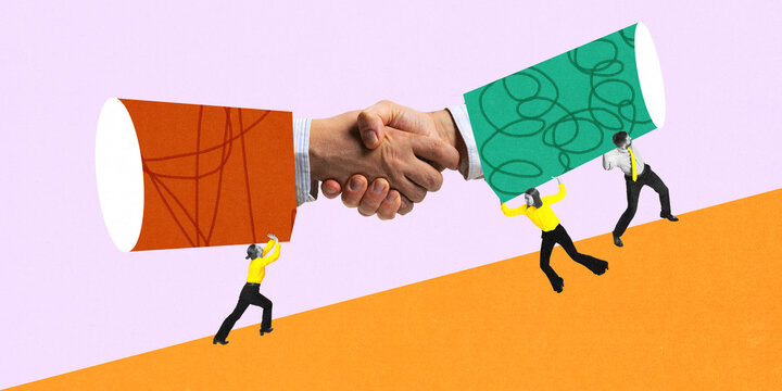 Modern collage. Businesspeople work together, lifting giant handshake symbol uphill. Concept of teamwork, struggle, success, cooperation, motivation, corporate achievement and support