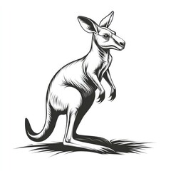 Monochrome kangaroo illustration. Detailed line drawing of a kangaroo standing