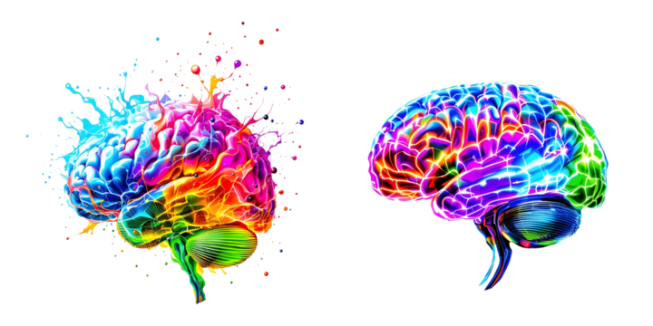 Vibrant colorful brain illustration with paint splash effect