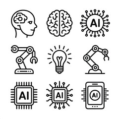AI and Machine Learning Icon Set Featuring Brain, Chips, Robotics and Light Bulb Illustrations for Technology Platforms, Innovation Dashboards and Artificial Intelligence Tools