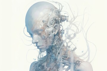 Robot illustration portrait drawing sketch.