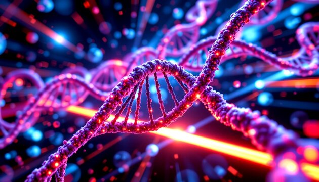 a striking digital artwork that combines a dna double helix with a nebula of space and stars - Powered by Adobe