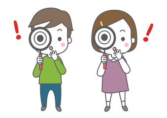 虫眼鏡で何かを発見してびっくりしている子供たち