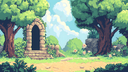 Pixel Art Forest Archway in Lush Green Landscape, Stone Gateway Surrounded by Trees and Flowers, Fantasy Nature Scene with Serene Atmosphere