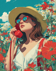 Vibrant summer garden with a woman holding a bold floral bouquet, embracing the freshness and lively spirit of the season