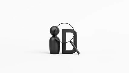 Black 3D icon people human body model object with magnifying glass mark on white background. Logo Design is Abbreviation iD or identity. Concept of search person. clipping path. 3D Illustration.