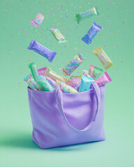 Violet-toned shopping bag bursts with pastel-wrapped items, offering a playful and elegant combination of colors and design