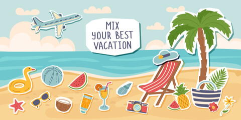Travel collage. Travel and summer vacation concept banner. Summer beach with travel objects. Stickers style.