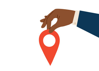 Business purpose concept clipart. Businessman's hand holding location pin. Concept of travel, business trip, business goal and strategy. Vector hand drawn illustration.