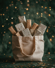 Warm beige reusable grocery bag filled with white items, offering a soft and serene look while remaining eco-conscious and stylish