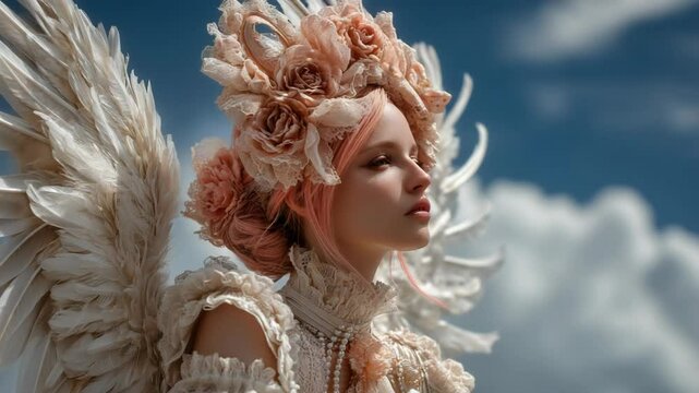 dreamy fantasy portrait, woman with pink hair angel with white wings wearing pink rose crown surround with cloud 