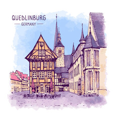 Sketch illustration of Quedlinburg, Germany. An urban colorful the old town and a street cafe, german houses. Hand drawn postcard, poster. Watercolor background. Freehand digital drawing. Vector