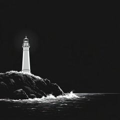 Luminous lighthouse on dark rocky coast