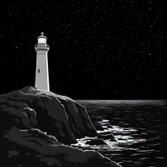 Lighthouse on a rocky coast at night.  Stars twinkle above the ocean