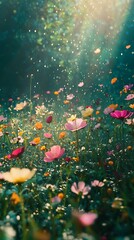 A vibrant field of colorful flowers illuminated by soft sunlight and floating particles.