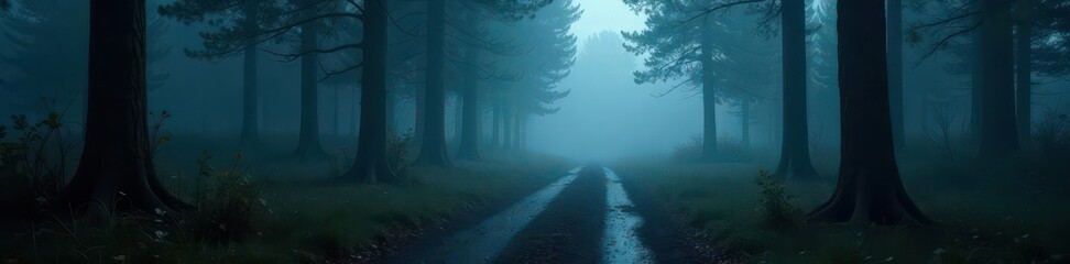 Fototapeta premium Dense fog hangs heavy, obscuring path through dark woods , branches, vibes, lonely
