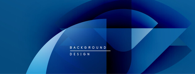 Abstract blue gradients create dynamic shapes. Modern design suggests technology, innovation, fluidity. Minimalist aesthetic with text overlay.