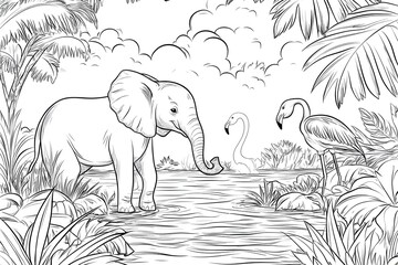 Obraz premium Elephant and Flamingo Meet at Tropical Watering Hole – Artistic Drawing