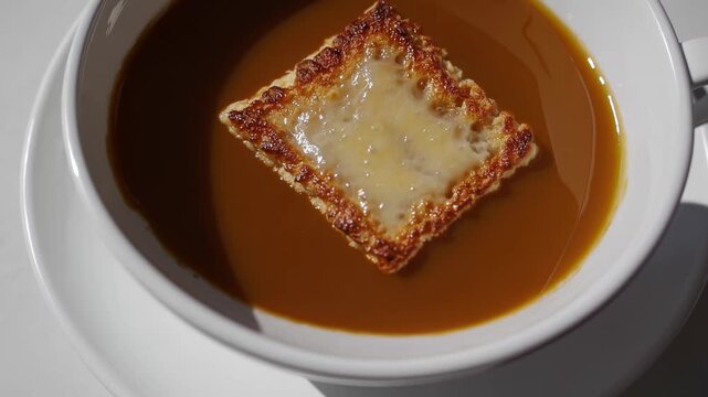 Brown soup with toasted cheese crouton in white cup on saucer under bright lighting

