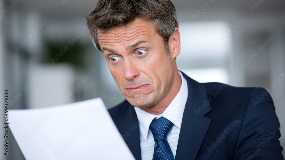 Poster businessman with surprised expression reading a document in an office setting