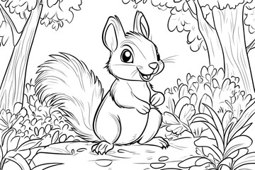 Fototapeta premium Happy Squirrel in Forest: Nature-Themed Coloring Page for Kids