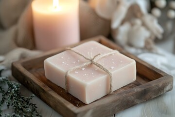 Pink Salt Soap Gift with Rustic Wooden Tray & Candlelight Glow